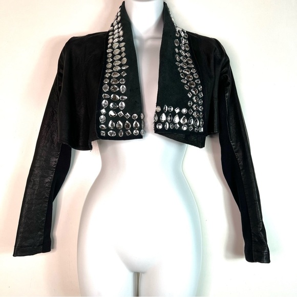 All Saints Spitalfields Cropped Leather Jacket with Rhinestones Black - Picture 1 of 10